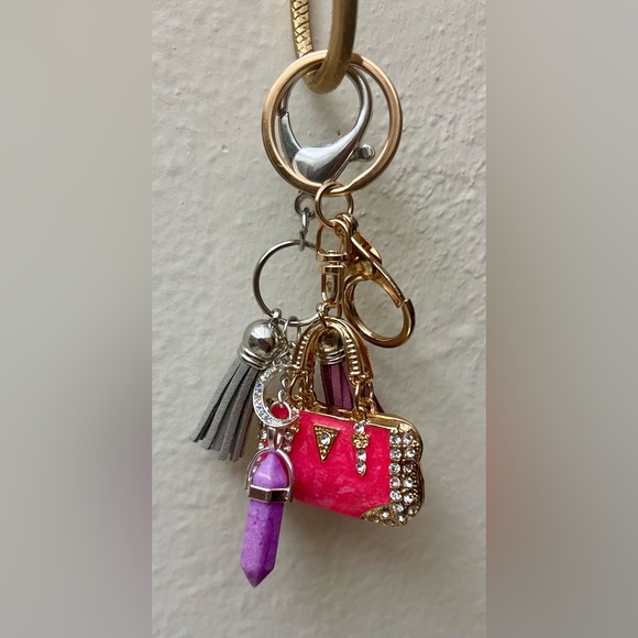 Stylish Pink and Silver Cosmetic Bag With Purse Key Chain and Bag Charms NWOT - Picture 5 of 15